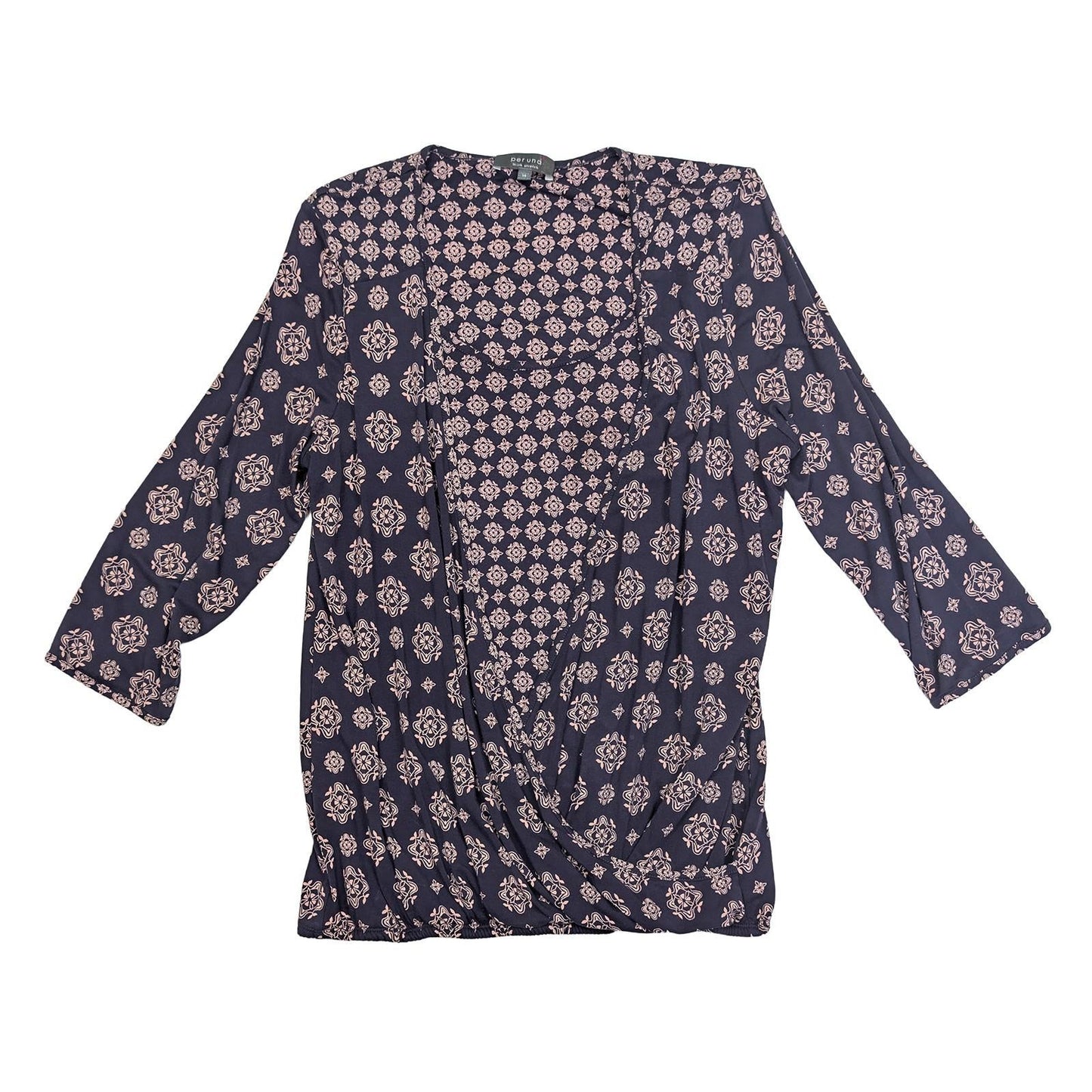 Per Una Navy Pink Faux Wrap Top Size UK 14 Stretch Floral Geometric 3/4 Sleeve by Marks & Spencer – | RewearableUK