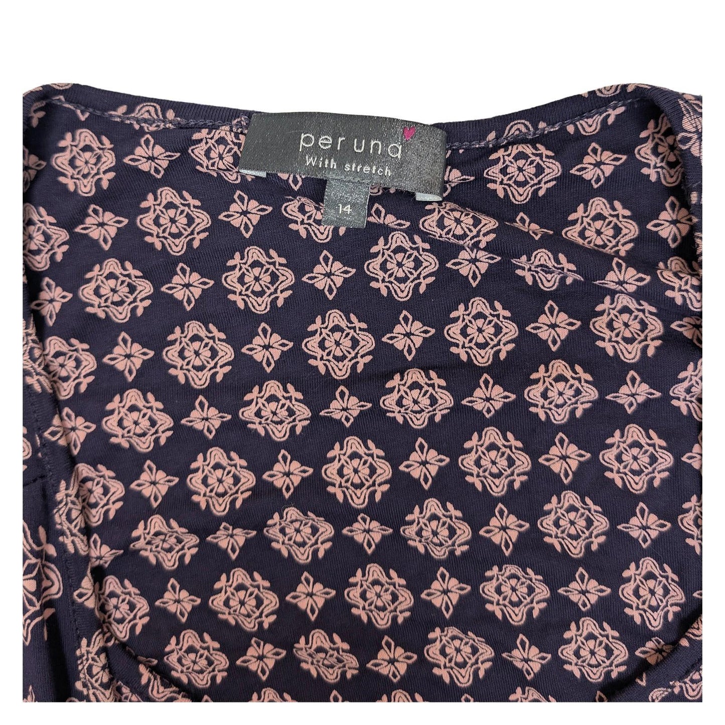 Per Una Navy Pink Faux Wrap Top Size UK 14 Stretch Floral Geometric 3/4 Sleeve by Marks & Spencer – | RewearableUK