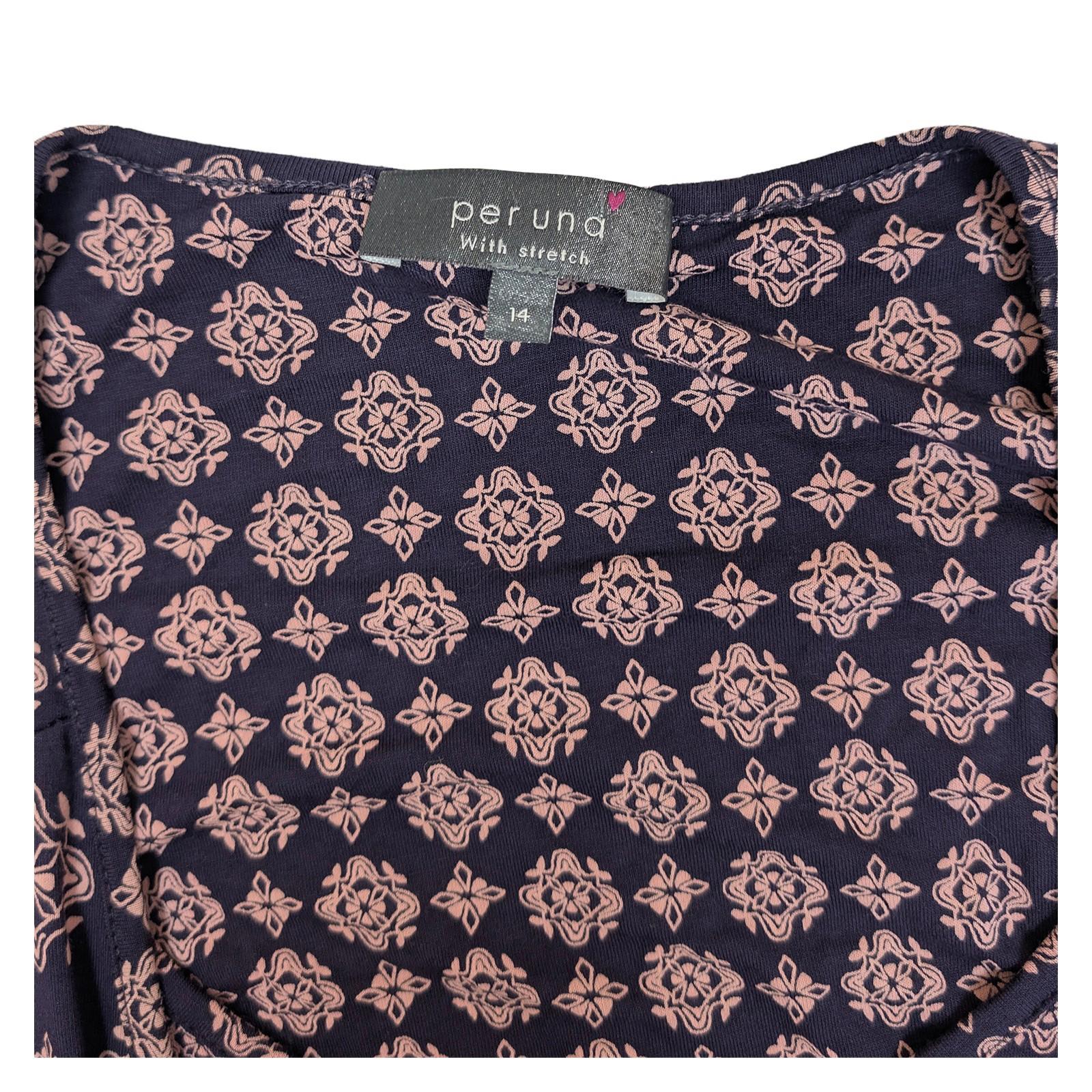 Per Una Navy Pink Faux Wrap Top Size UK 14 Stretch Floral Geometric 3/4 Sleeve by Marks & Spencer – | RewearableUK