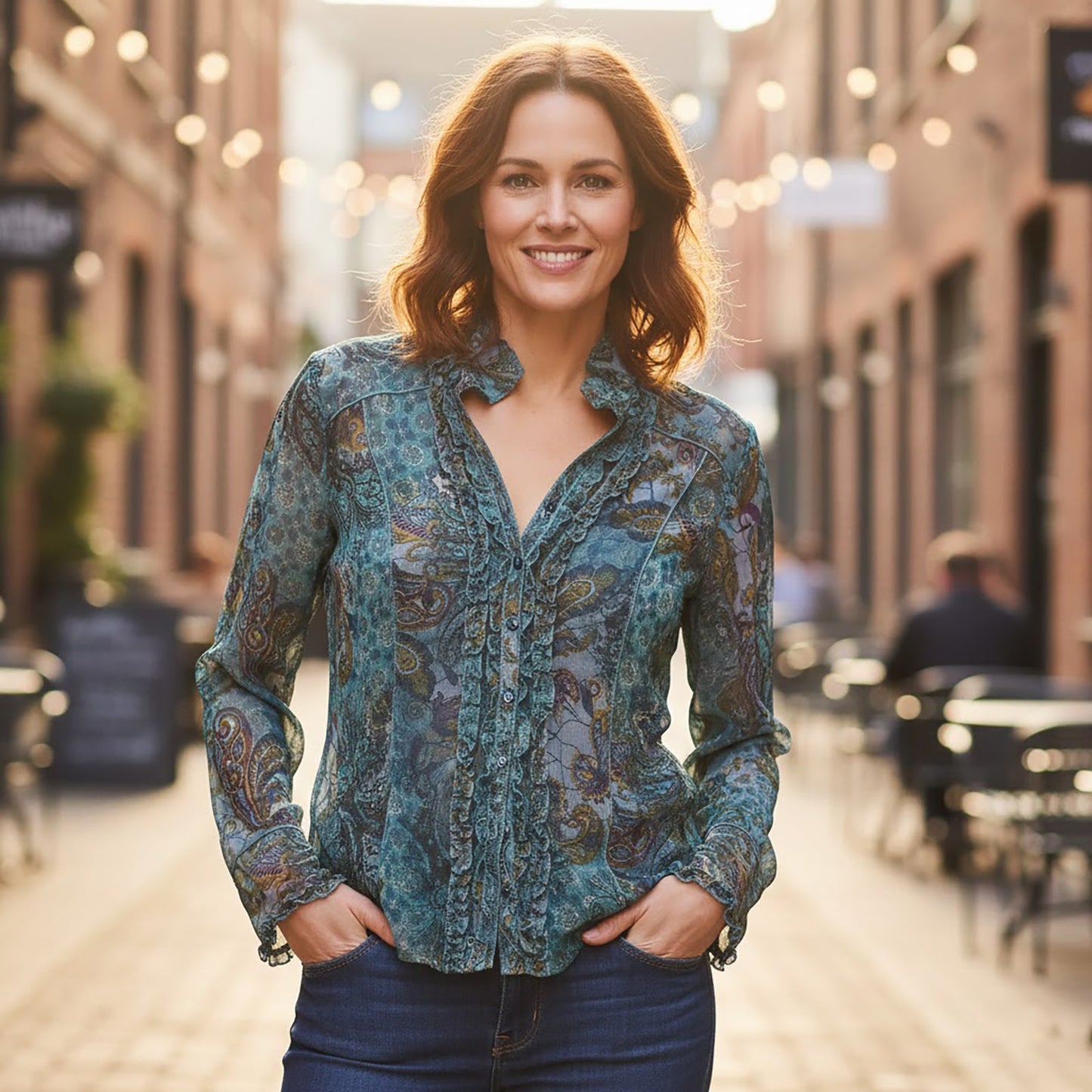 Per Una Paisley Mesh Shirt Teal Ruffle | Women's UK 16 by Per Una – blouse | RewearableUK