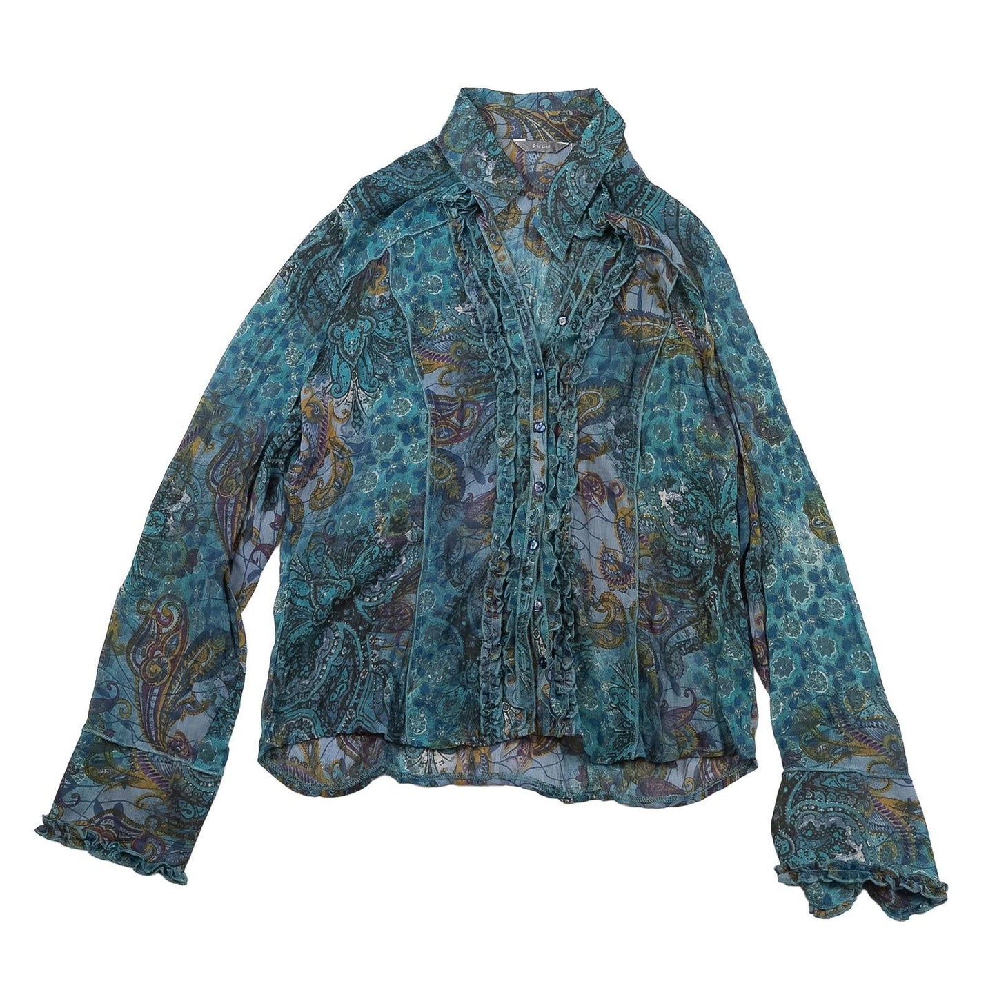 Per Una Woman Teal Paisley Shirt Size UK 16 Ruffle Front Sheer Mesh Boho Blouse by Per Una – | RewearableUK