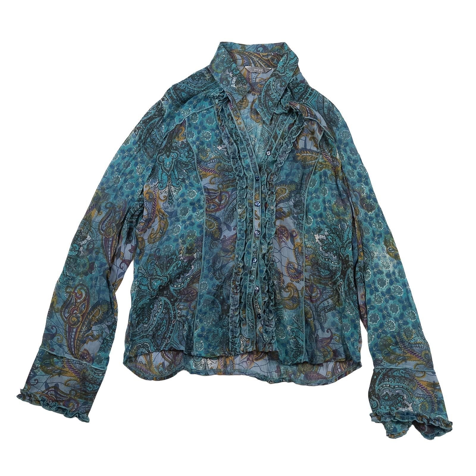 Per Una Woman Teal Paisley Shirt Size UK 16 Ruffle Front Sheer Mesh Boho Blouse by Per Una – | RewearableUK