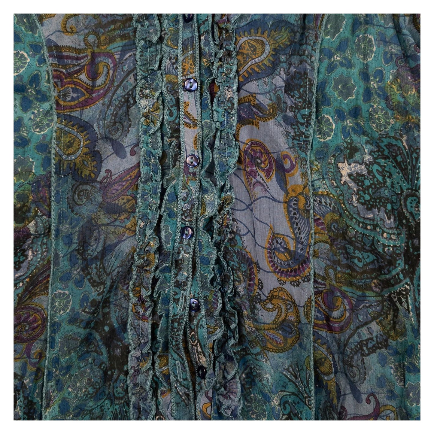Per Una Woman Teal Paisley Shirt Size UK 16 Ruffle Front Sheer Mesh Boho Blouse by Per Una – | RewearableUK
