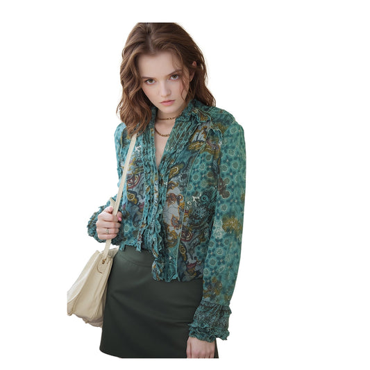 Per Una Woman Teal Paisley Shirt Size UK 16 Ruffle Front Sheer Mesh Boho Blouse by Per Una – | RewearableUK