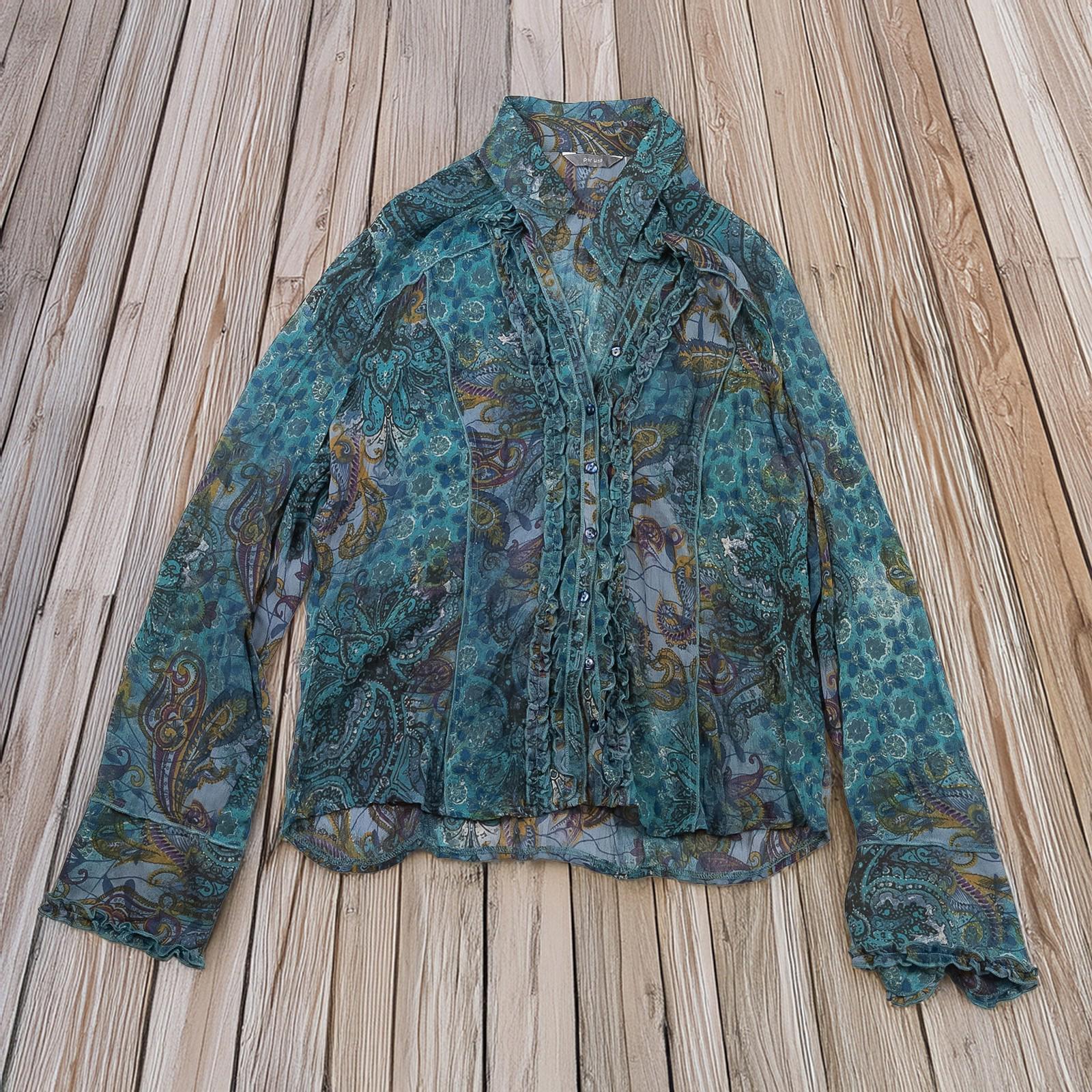 Per Una Woman Teal Paisley Shirt Size UK 16 Ruffle Front Sheer Mesh Boho Blouse by Per Una – | RewearableUK