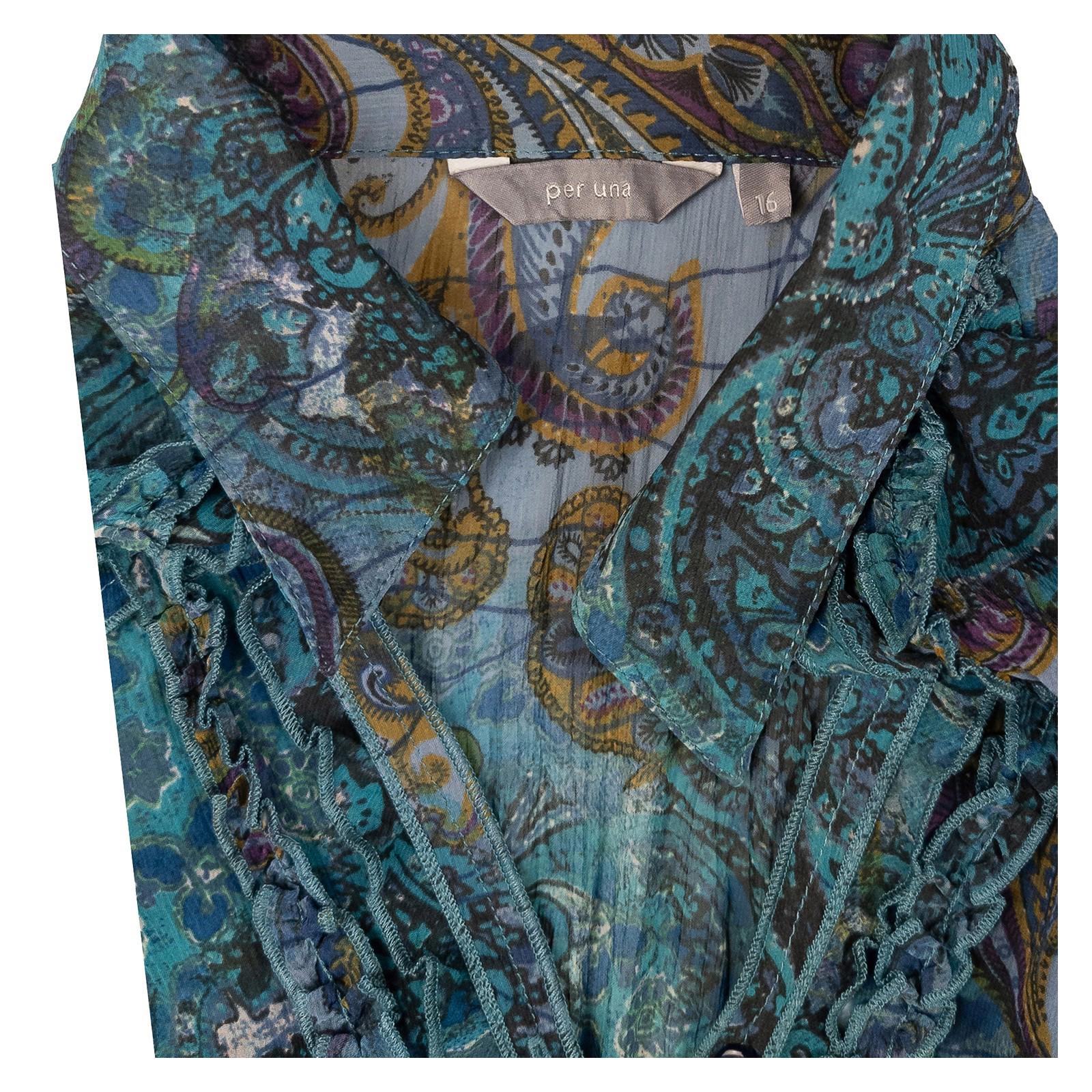Per Una Woman Teal Paisley Shirt Size UK 16 Ruffle Front Sheer Mesh Boho Blouse by Per Una – | RewearableUK