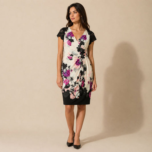Phase Eight Floral Lace Sleeve Wrap Dress Women Size 14 Cream Black Pink – Dresses product photo 1 | RewearableUK