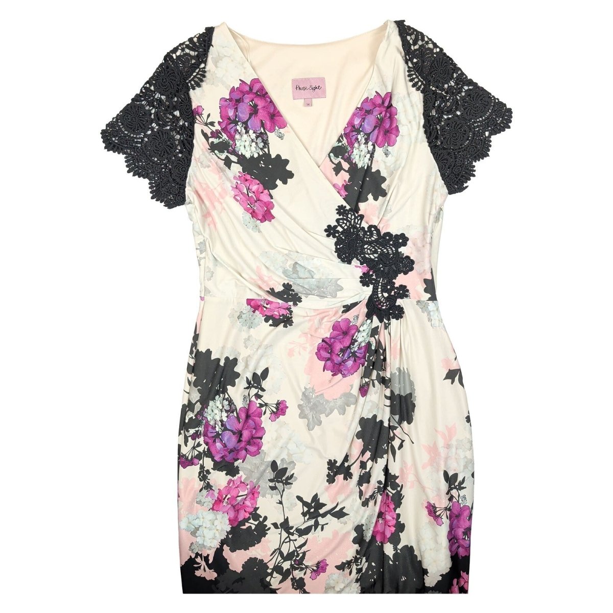 Phase Eight Floral Lace Sleeve Wrap Dress Women Size 14 Cream Black Pink – product photo 2 | RewearableUK