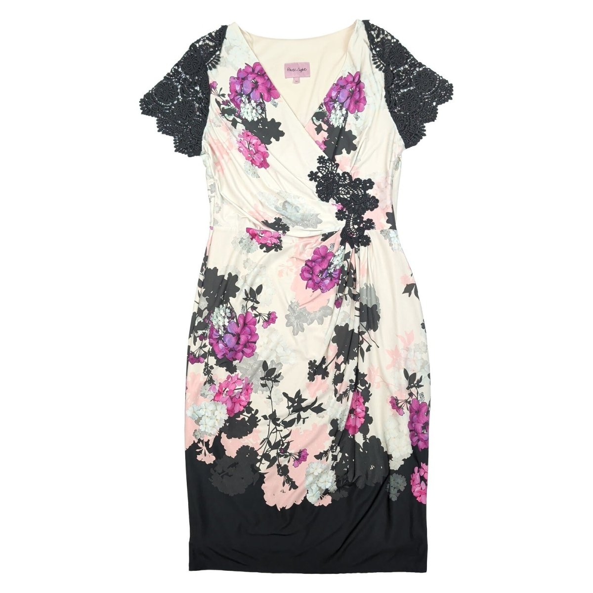 Phase Eight Floral Lace Sleeve Wrap Dress Women Size 14 Cream Black Pink – product photo 1 | RewearableUK