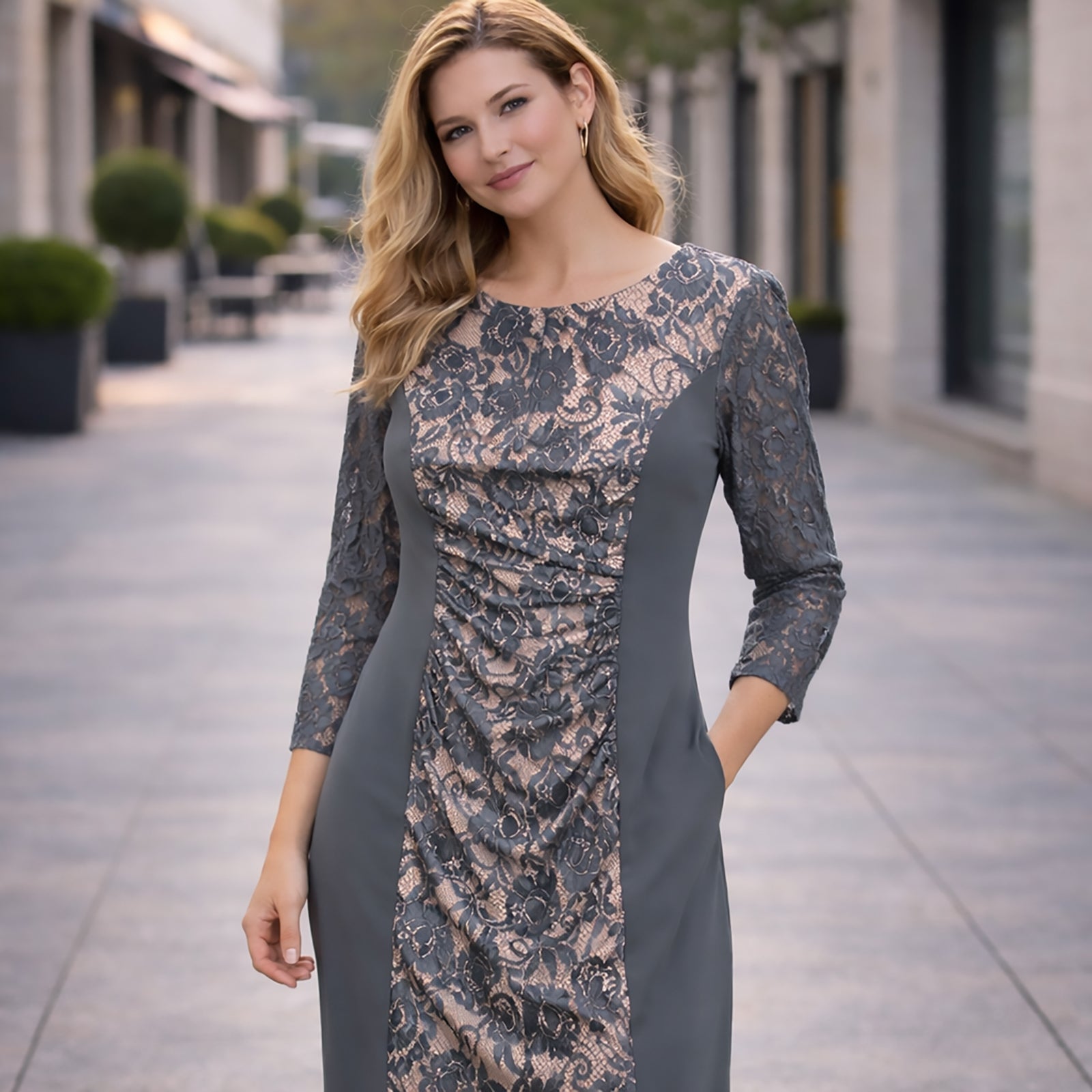 Phase Eight Lace Panel Dress Grey Nude UK 14 Elegant Occasion by Phase Eight – DRESSING | RewearableUK