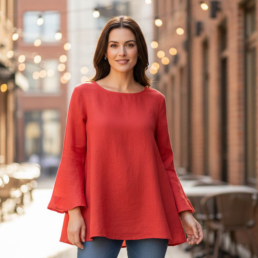 Phase Eight Linen Tunic Top Red Bell Sleeve | Women's UK 14 by Phase Eight – blouse | RewearableUK