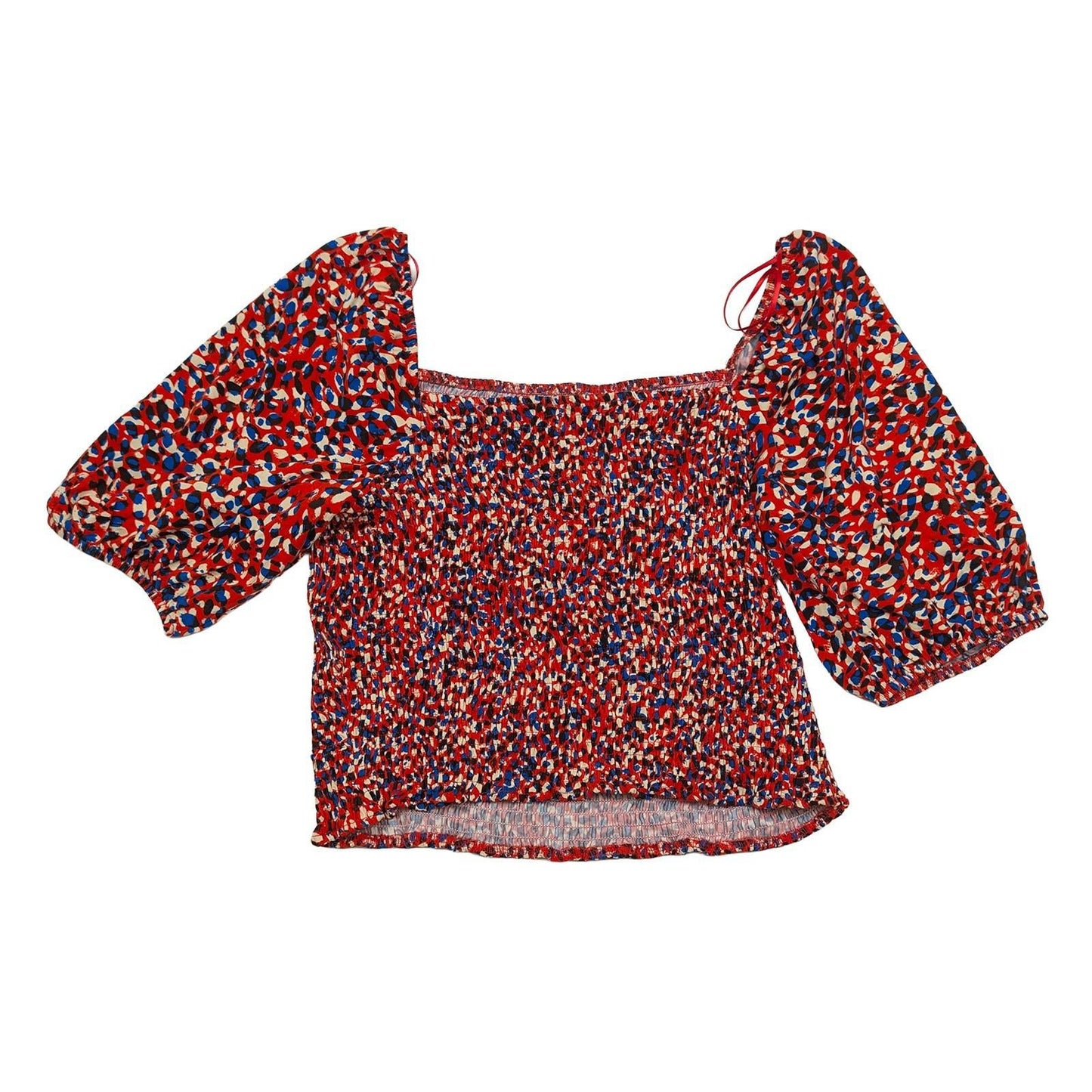 Phase Eight Shirred Top UK 10 Red Blue Abstract Puff Sleeve Square Neck Smocked by Phase Eight – | RewearableUK