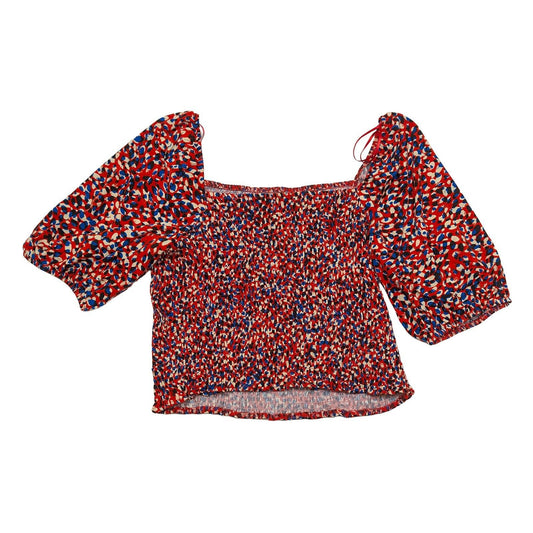 Phase Eight Shirred Top UK 10 Red Blue Abstract Puff Sleeve Square Neck Smocked by Phase Eight – | RewearableUK