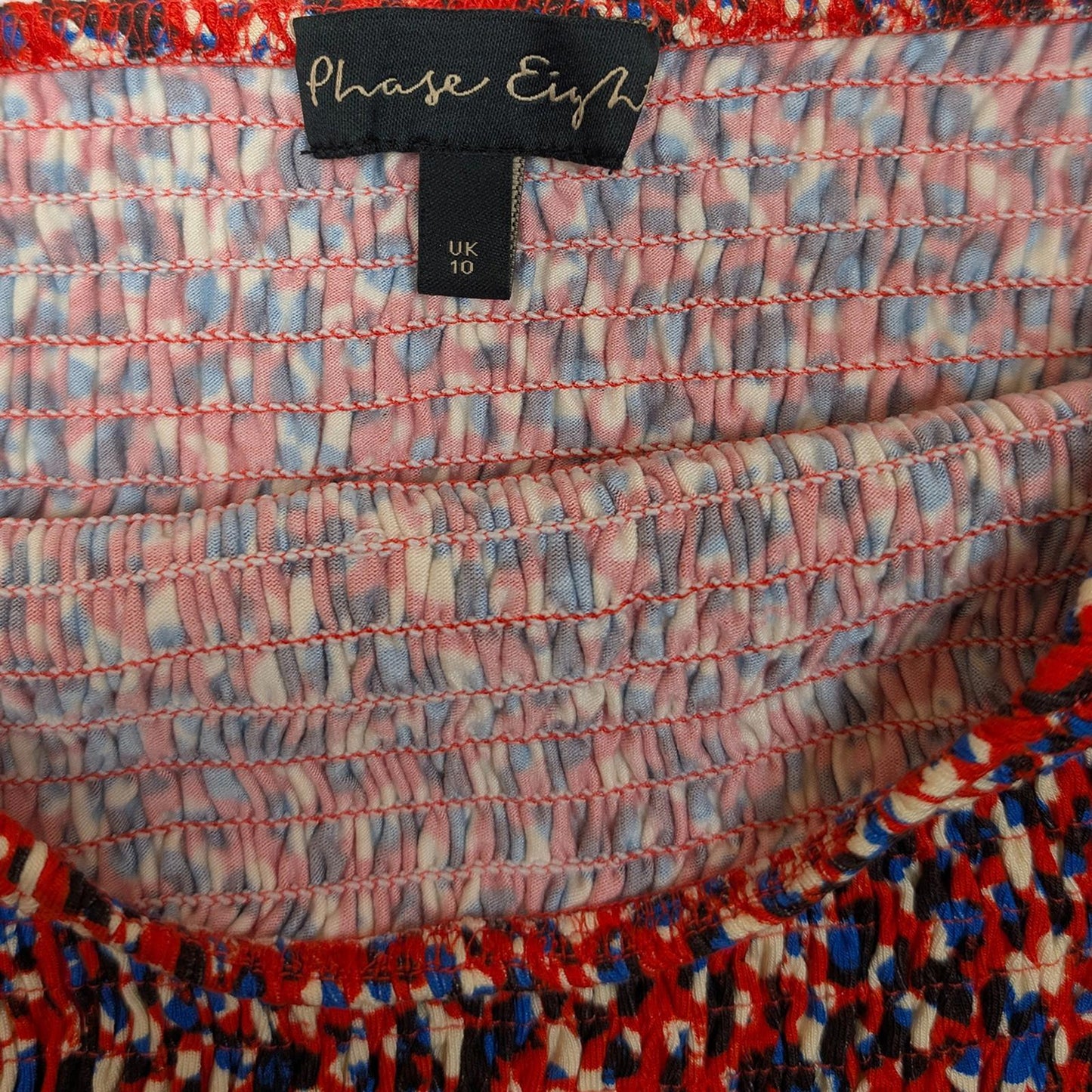 Phase Eight Shirred Top UK 10 Red Blue Abstract Puff Sleeve Square Neck Smocked by Phase Eight – | RewearableUK