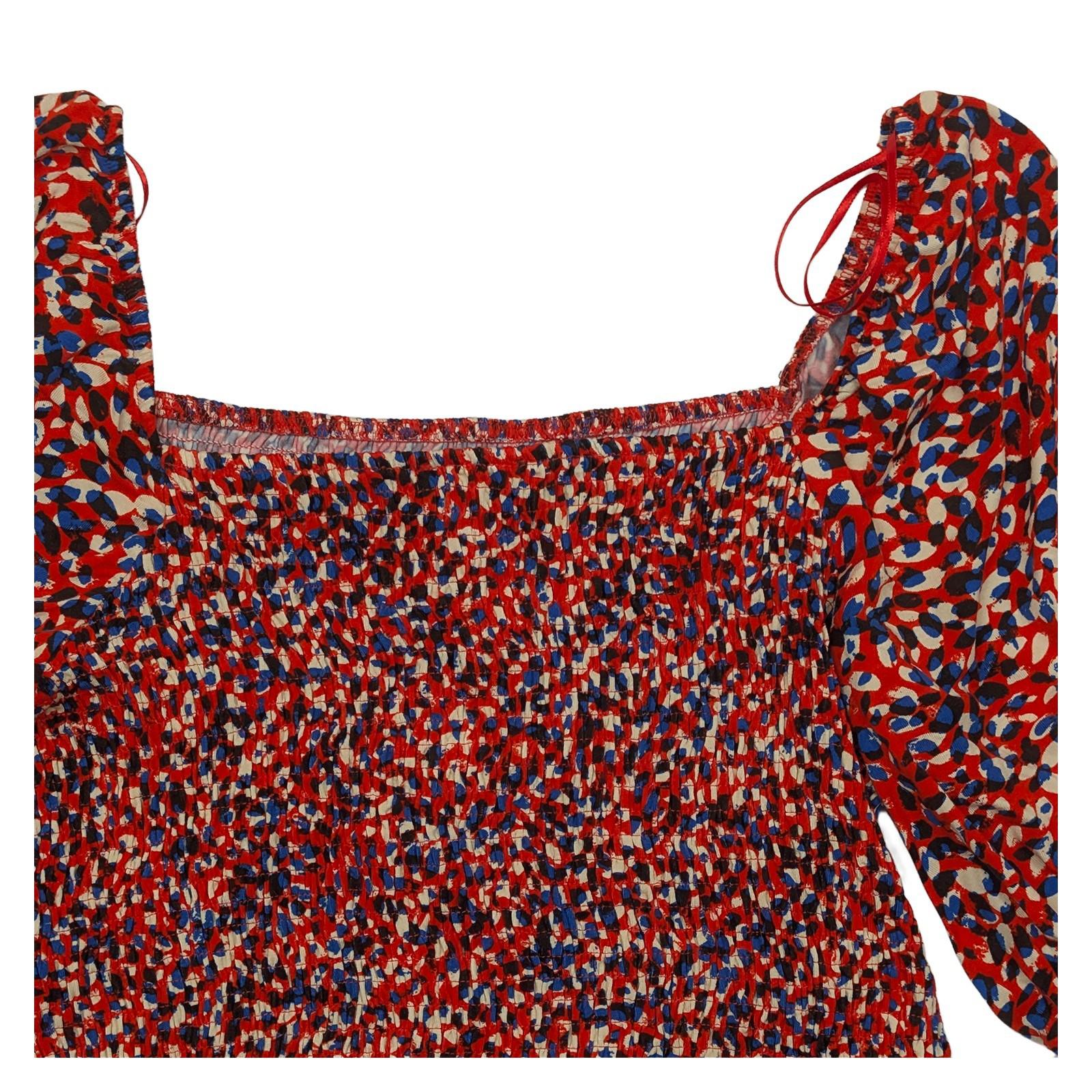 Phase Eight Shirred Top UK 10 Red Blue Abstract Puff Sleeve Square Neck Smocked by Phase Eight – | RewearableUK