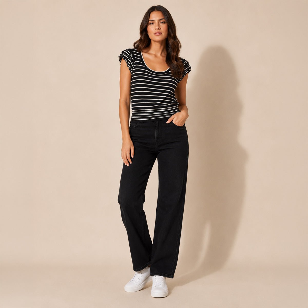Phase Eight Striped Knit Top UK 12 Black White Ruffle Sleeve – Top product photo 1 | RewearableUK