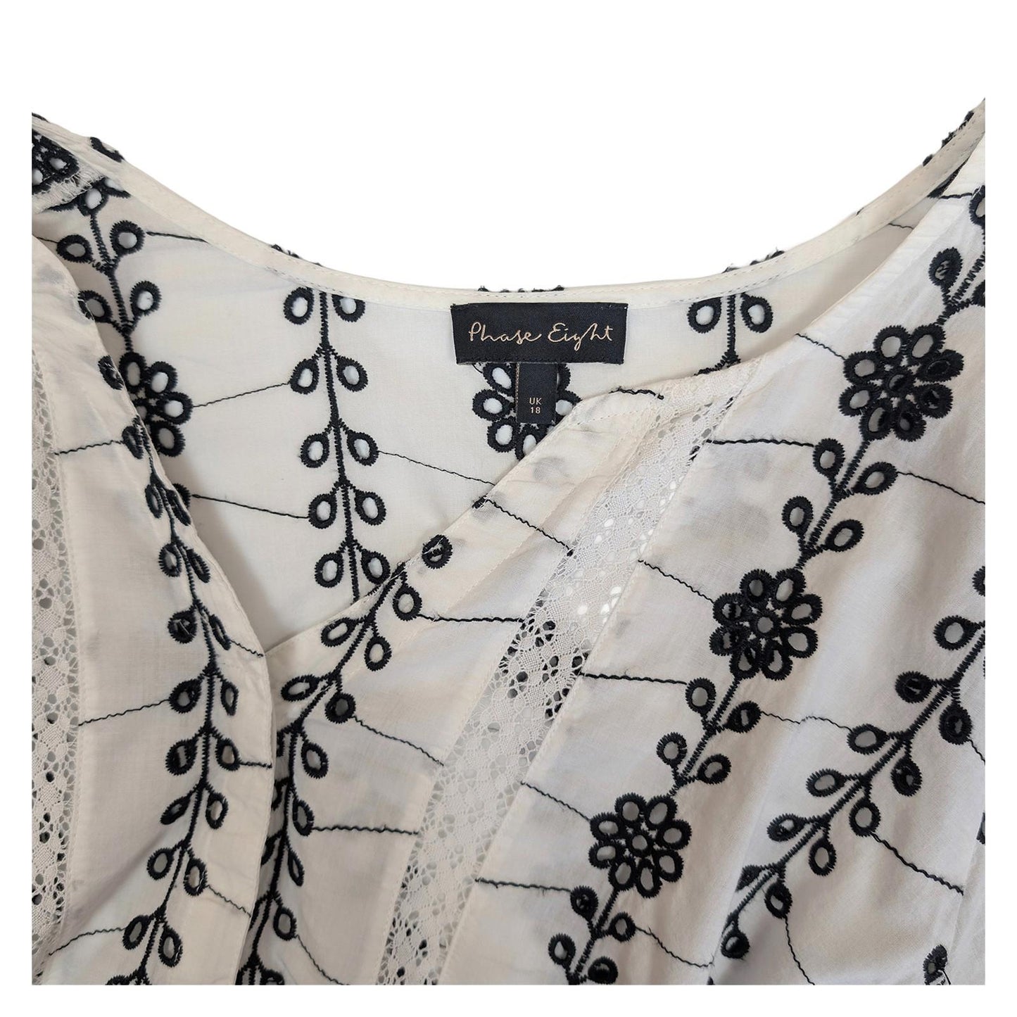 Phase Eight White Cotton Top Size UK 18 Black Embroidered Lace Boho Peasant Blou by Phase Eight – | RewearableUK