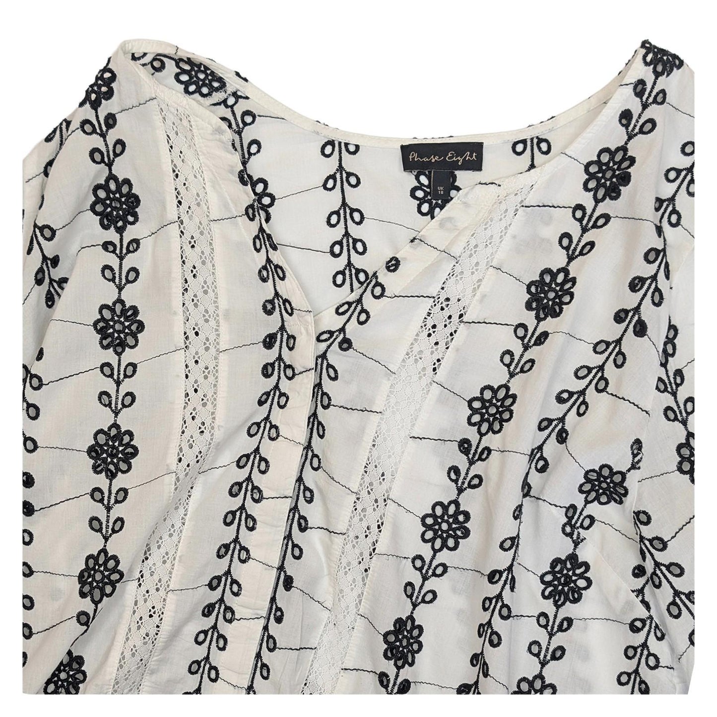 Phase Eight White Cotton Top Size UK 18 Black Embroidered Lace Boho Peasant Blou by Phase Eight – | RewearableUK