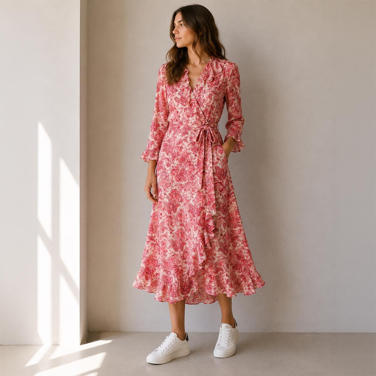 Phase Eight Wrap Midi Dress UK 14 Pink Paisley Foil Ruffle by Phase Eight – DRESSING | RewearableUK