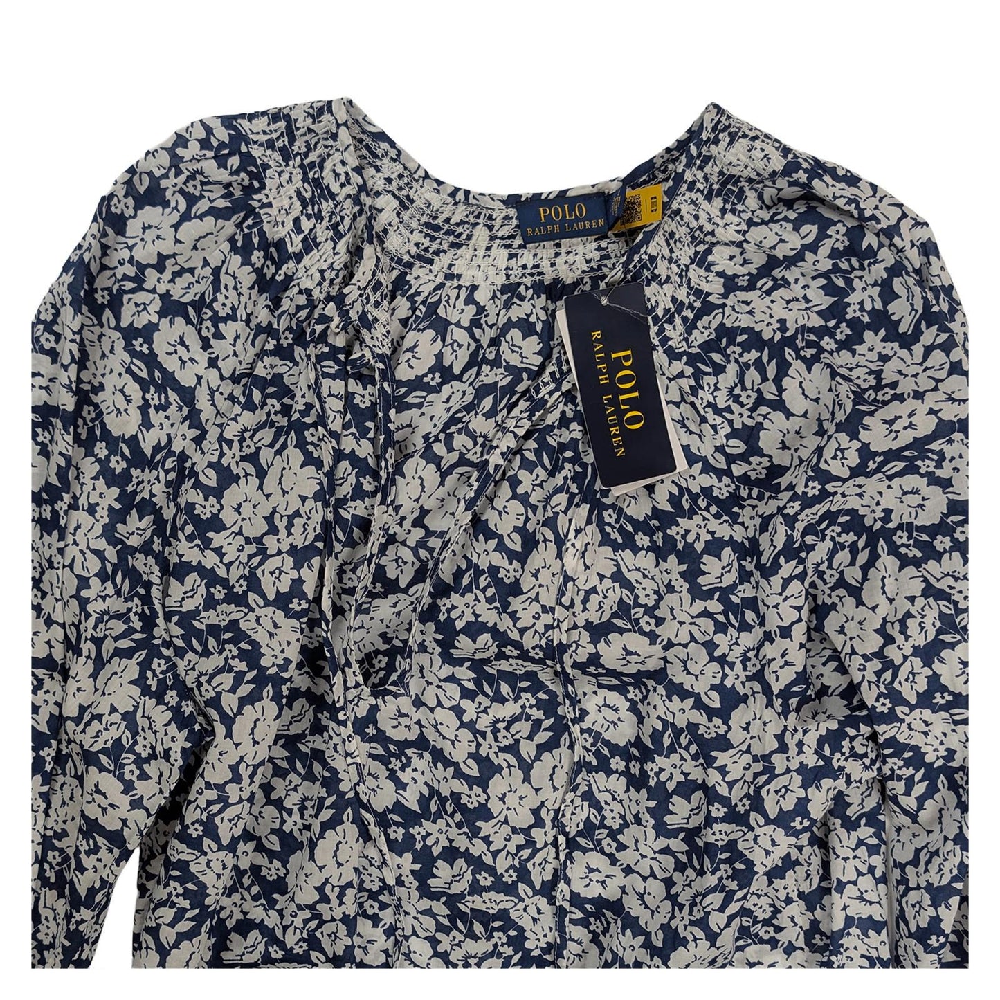 Polo Ralph Lauren Blouse Size M Blue White Floral Cotton Tie Neck NWT by Polo Ralph Lauren – blouse | RewearableUK