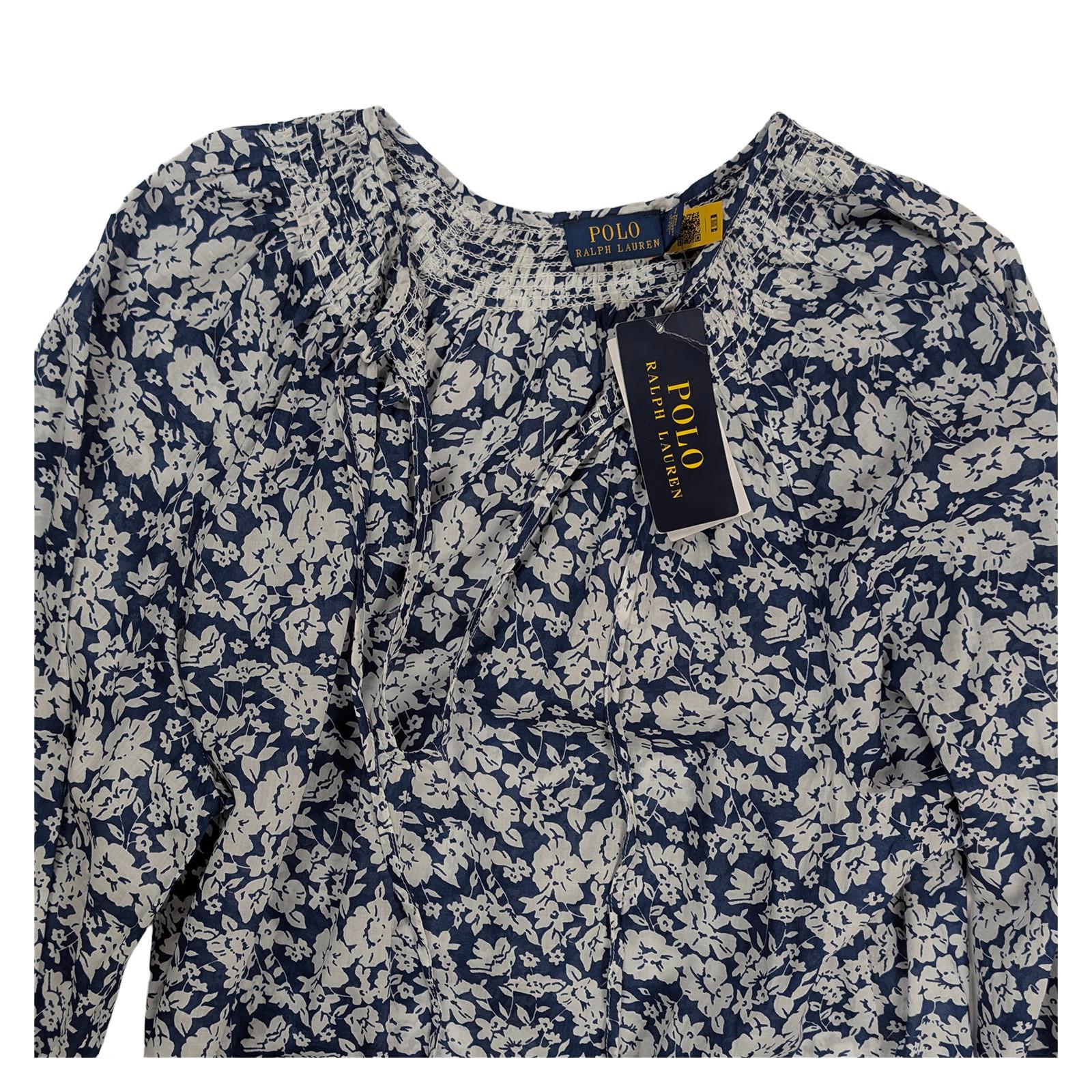 Polo Ralph Lauren Blouse Size M Blue White Floral Cotton Tie Neck NWT by Polo Ralph Lauren – blouse | RewearableUK