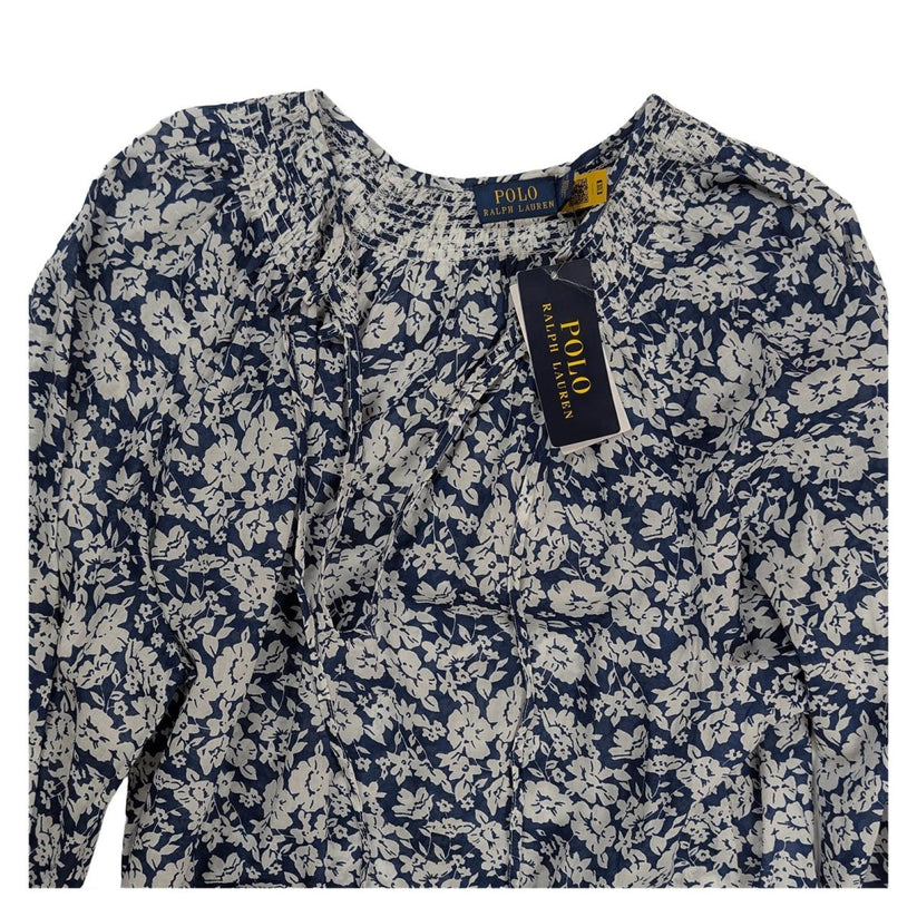Polo Ralph Lauren Blouse Size M Blue White Floral Cotton Tie Neck NWT by Polo Ralph Lauren – blouse | RewearableUK