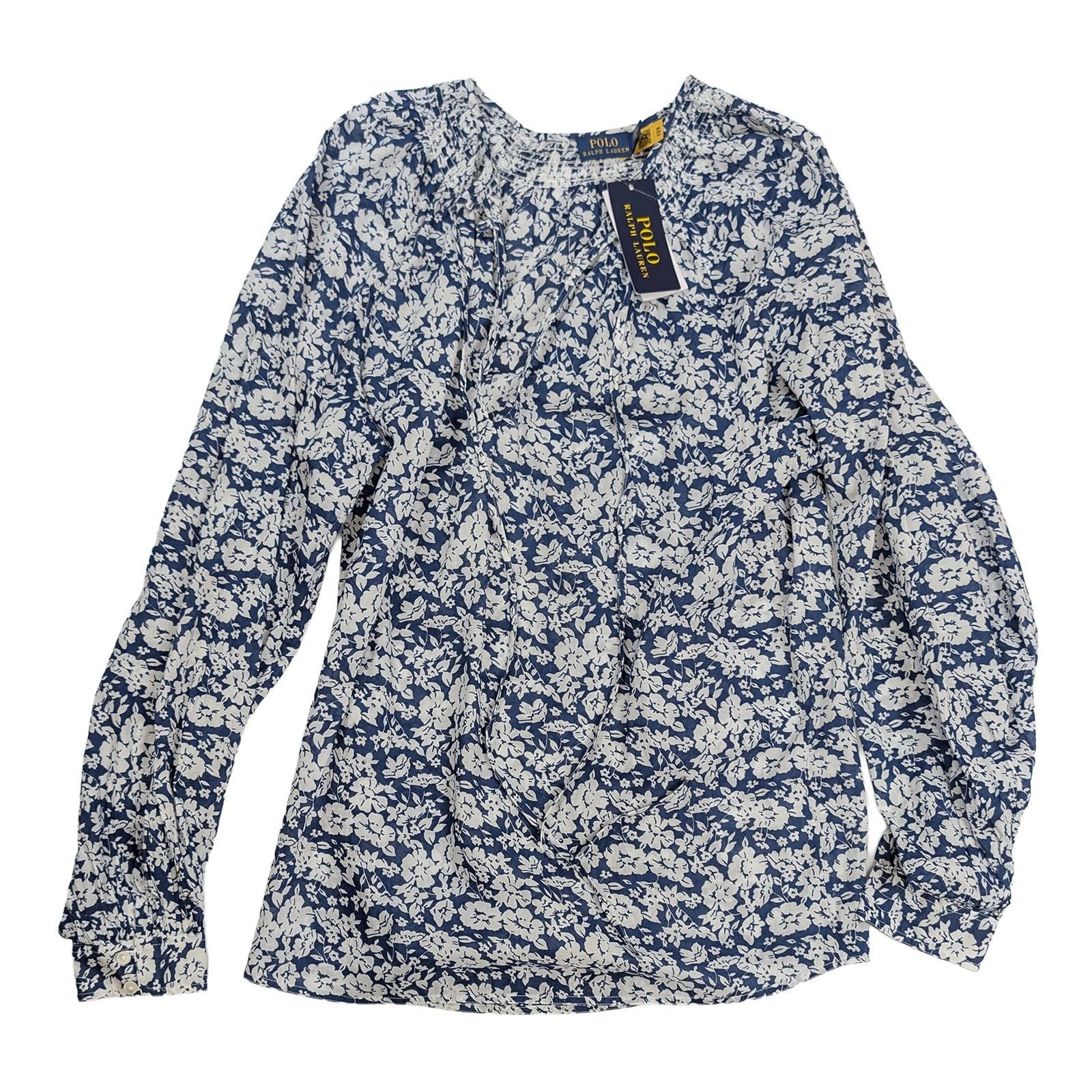 Polo Ralph Lauren Blouse Size M Blue White Floral Cotton Tie Neck NWT by Polo Ralph Lauren – blouse | RewearableUK