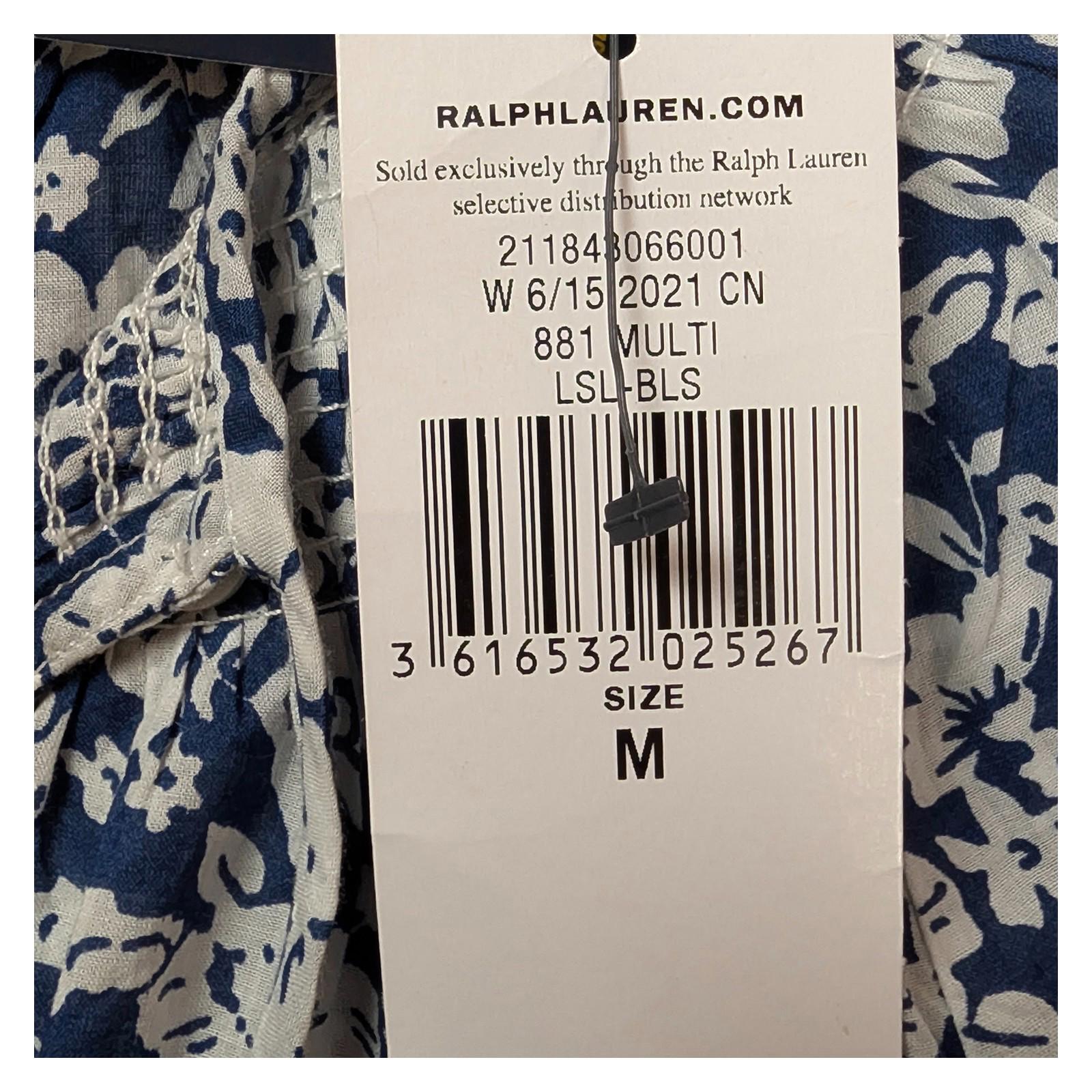 Polo Ralph Lauren Blouse Size M Blue White Floral Cotton Tie Neck NWT by Polo Ralph Lauren – blouse | RewearableUK