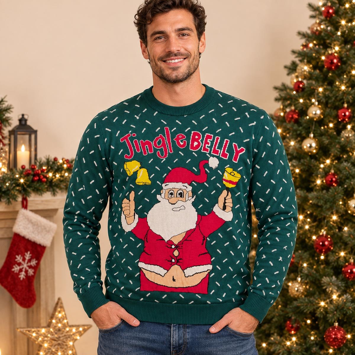 Primark Christmas Jumper 2XL Dark Green Jingle Belly Santa – product photo 1 | RewearableUK