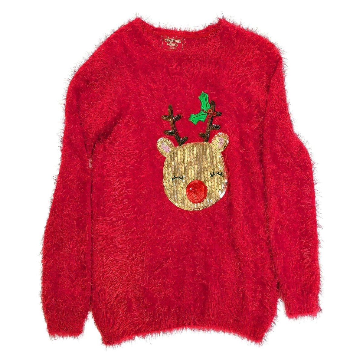 Primark Girls Christmas Jumper Age 13-14 Red Fluffy Sequin Reindeer Xmas – product photo 1 | RewearableUK
