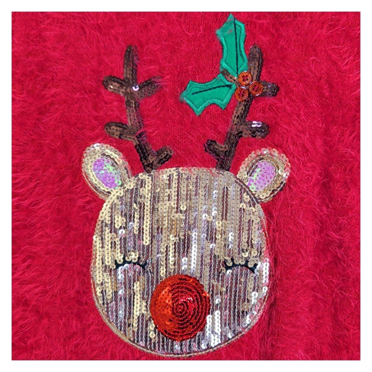 Primark Girls Christmas Jumper Age 13-14 Red Fluffy Sequin Reindeer Xmas – product photo 2 | RewearableUK