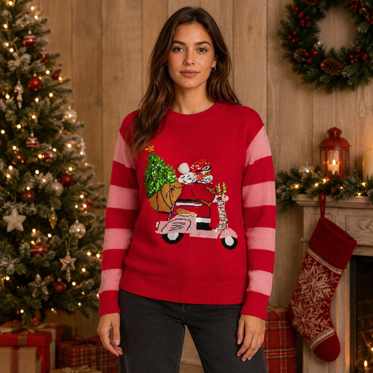 Primark Santa Scooter Christmas Jumper XL Red Pink Sequin – Christmas Jumper product photo 1 | RewearableUK