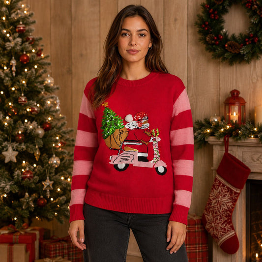 Primark Santa Scooter Christmas Jumper XL Red Pink Sequin – Christmas Jumper product photo 1 | RewearableUK