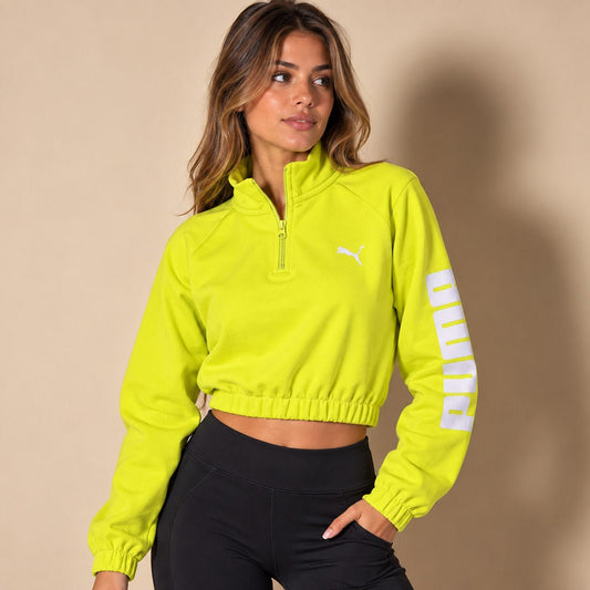 Puma Women's Cropped Sweatshirt XS Yellow Logo Printed Cotton Blend – Sweater & Hoodie product photo 1 | RewearableUK