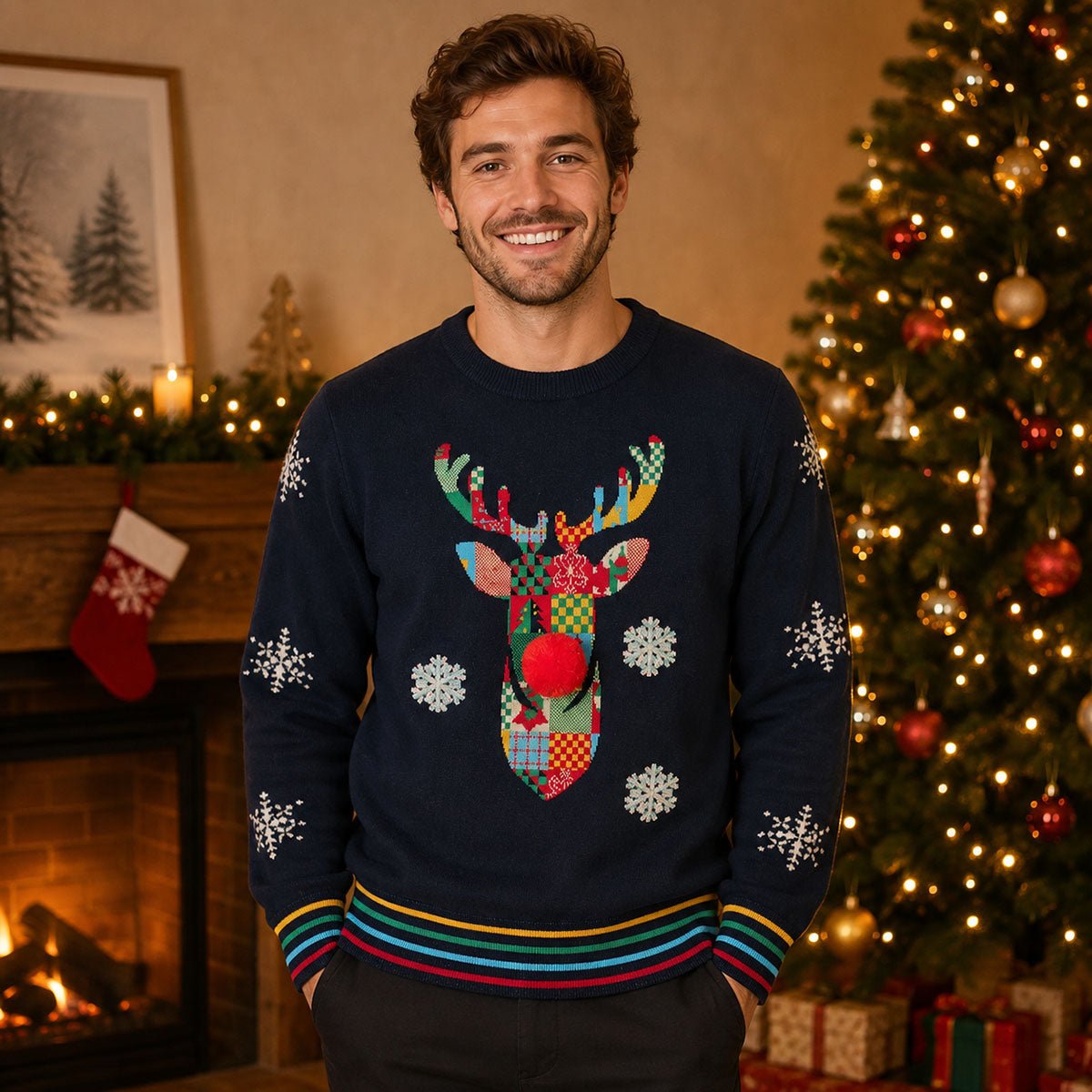 Reindeer Christmas Jumper UK 14 Navy Sequin Pom Nose – Christmas Jumper product photo 1 | RewearableUK