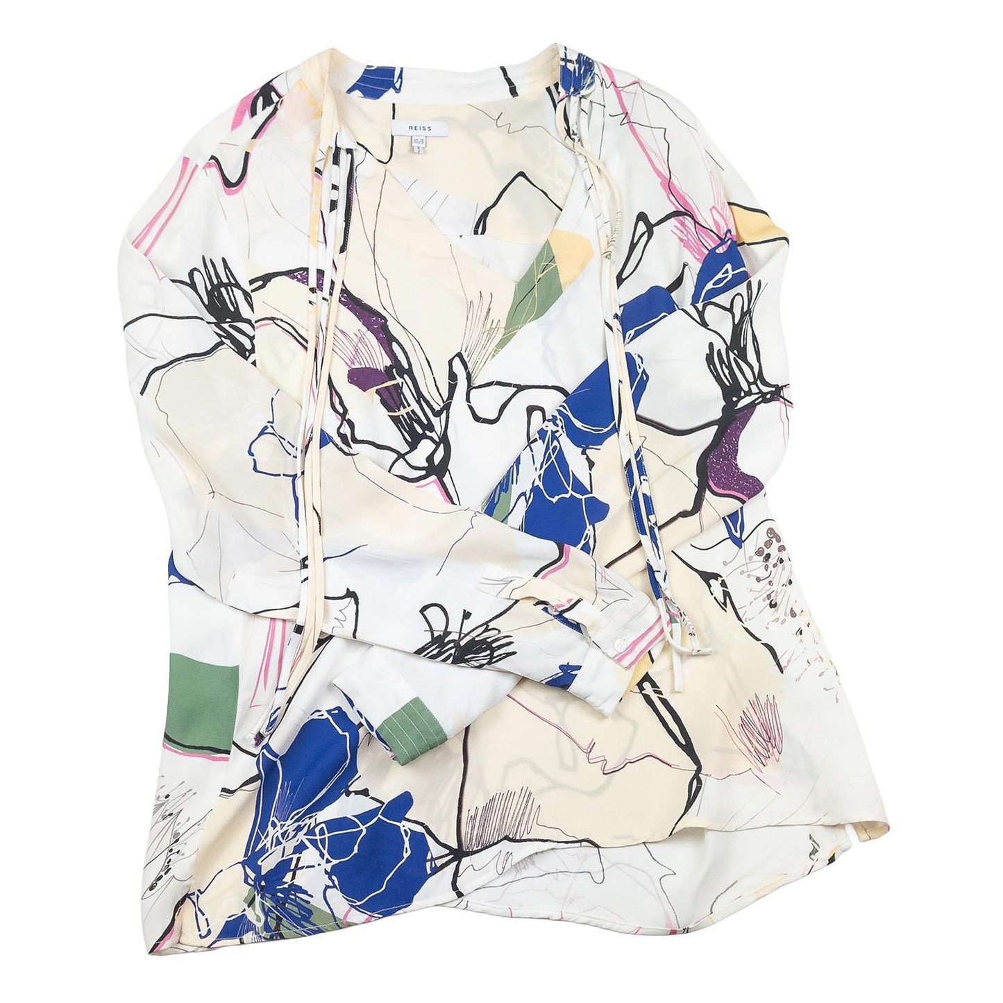 Reiss Abstract Sketch Print Blouse Size UK 12 Cream V - Neck Tie Detail Long Sleev by Reiss – | RewearableUK