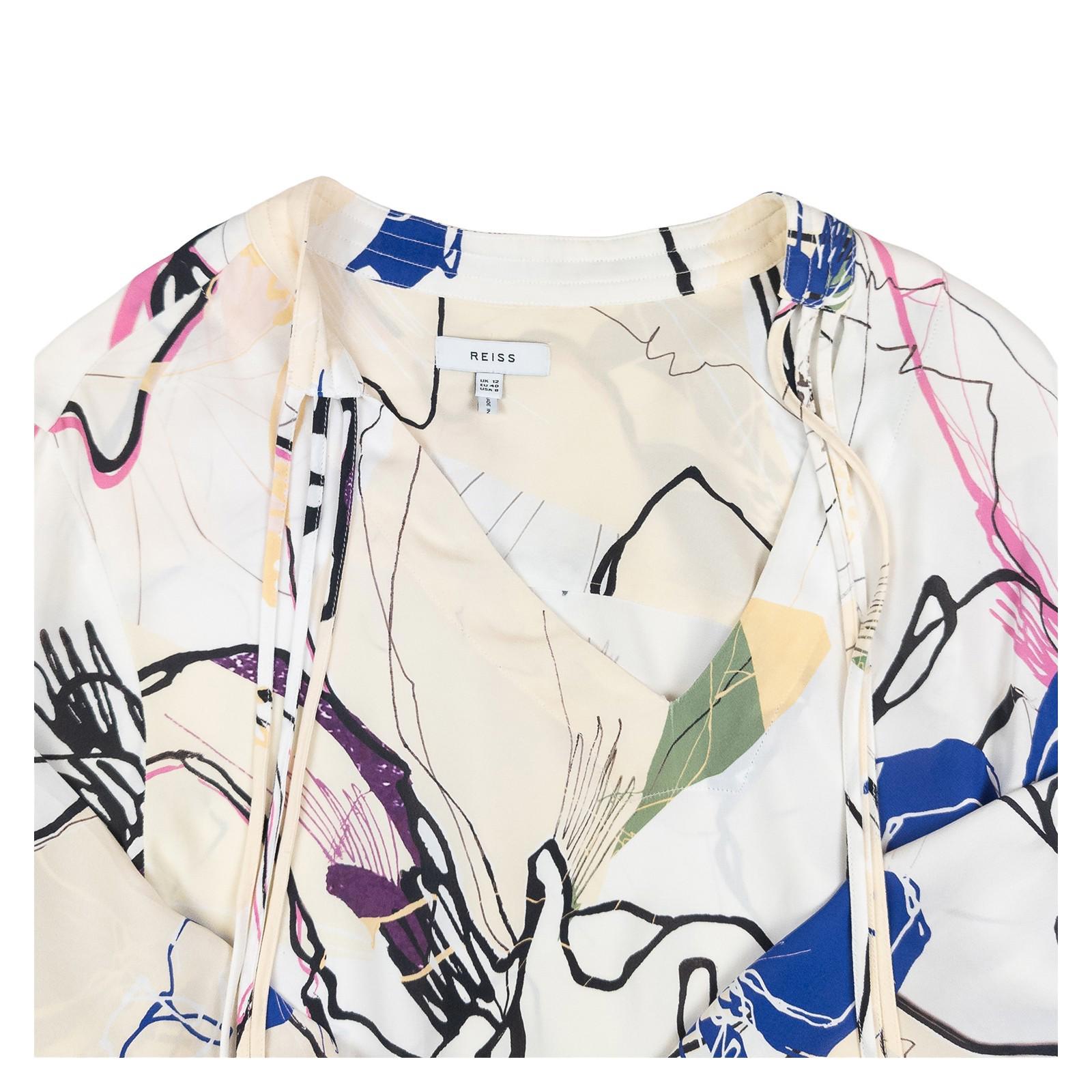 Reiss Abstract Sketch Print Blouse Size UK 12 Cream V - Neck Tie Detail Long Sleev by Reiss – | RewearableUK