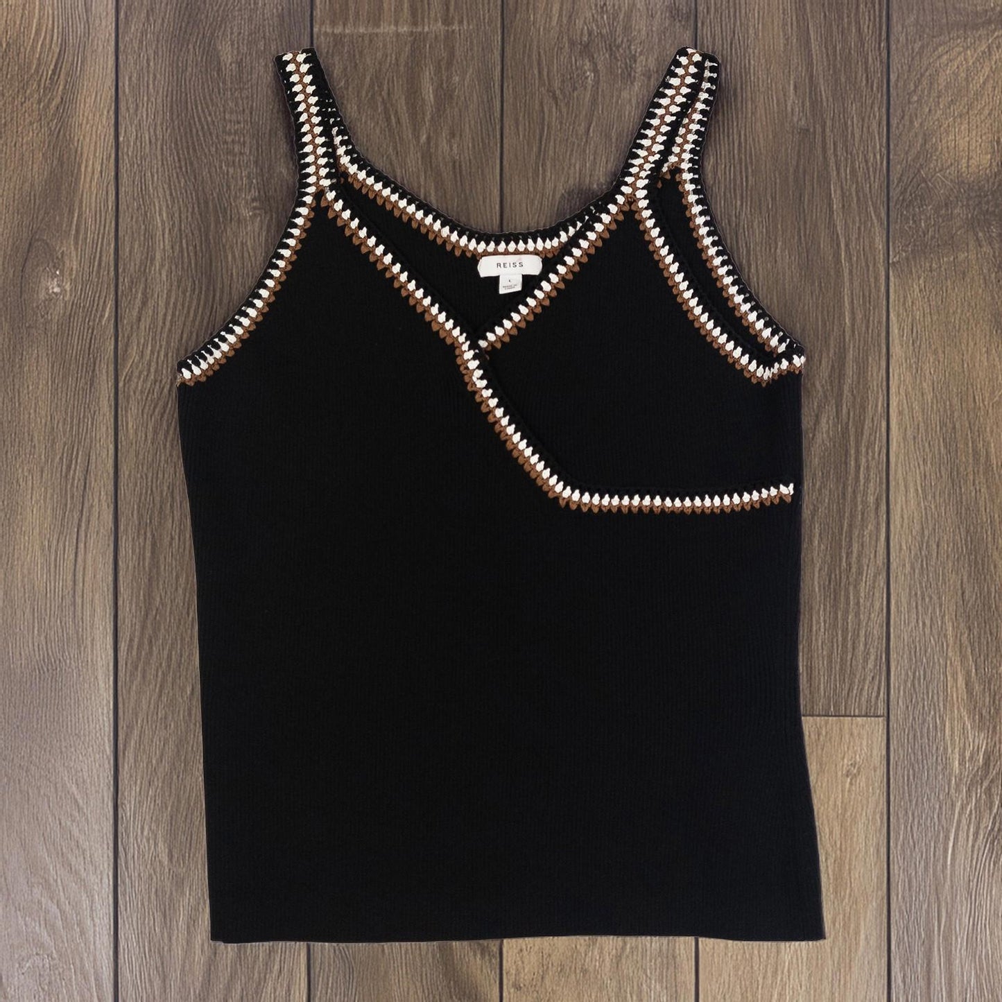 Reiss Black Ribbed Knit Top Size L Crochet Trim V - Neck Sleeveless Summer Vest by Reiss – | RewearableUK