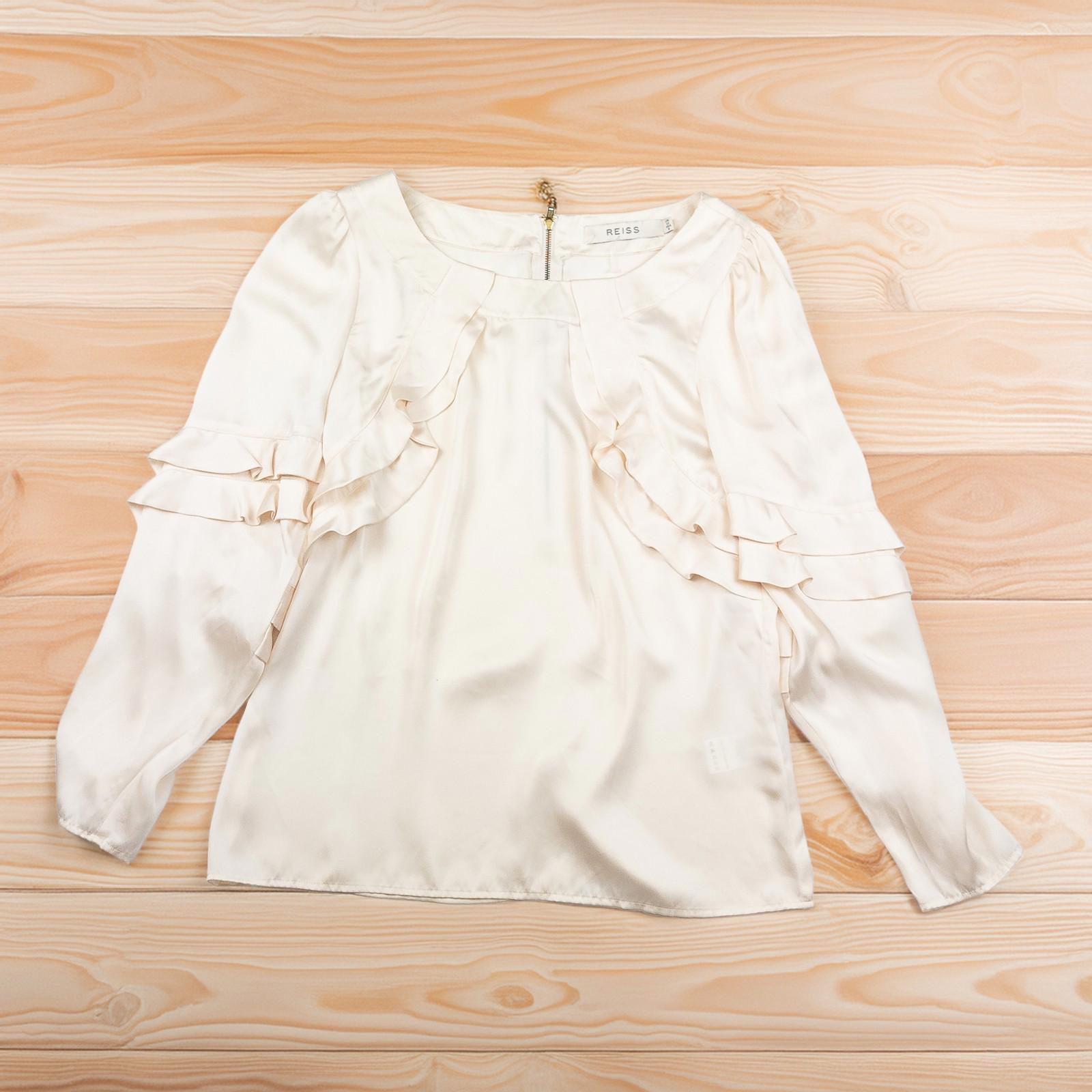Reiss Woman Cream Satin Blouse Size UK 12 Nicole Ruffle Front Long Sleeve Zip by Reiss – | RewearableUK