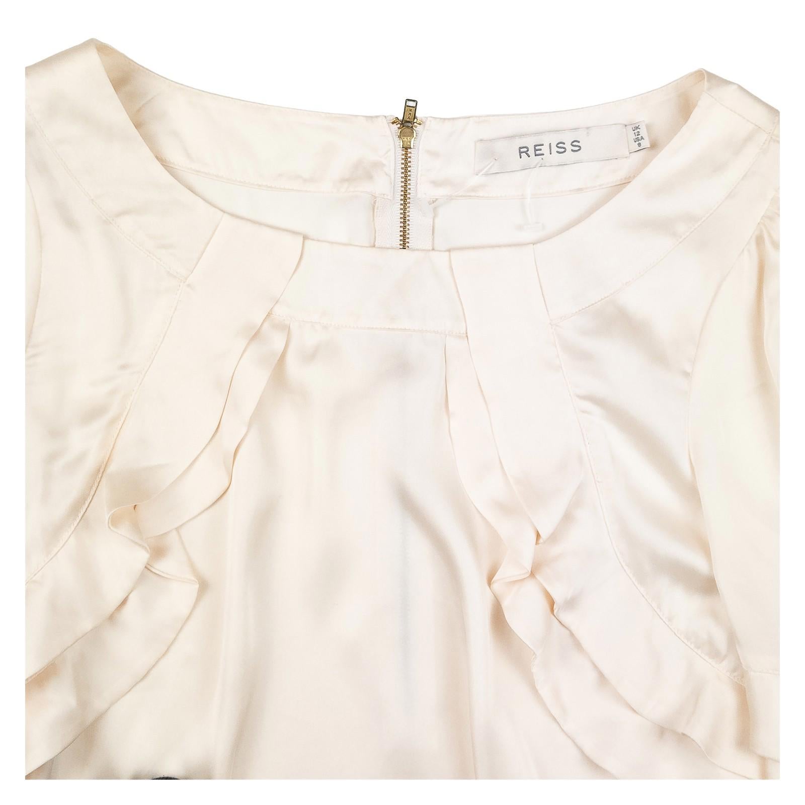 Reiss Woman Cream Satin Blouse Size UK 12 Nicole Ruffle Front Long Sleeve Zip by Reiss – | RewearableUK