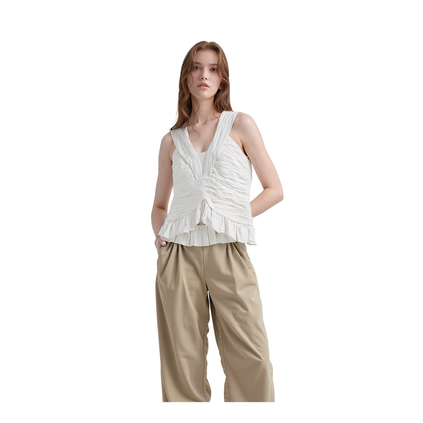 Reiss Woman White Ruched Top Size UK 12 Sleeveless V - Neck Peplum Cotton Blend by Reiss – | RewearableUK