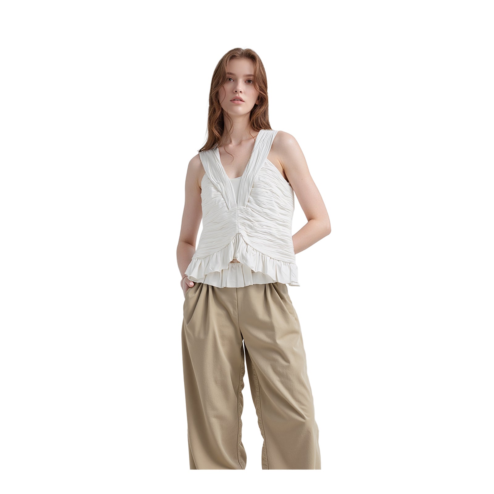 Reiss Woman White Ruched Top Size UK 12 Sleeveless V - Neck Peplum Cotton Blend by Reiss – | RewearableUK