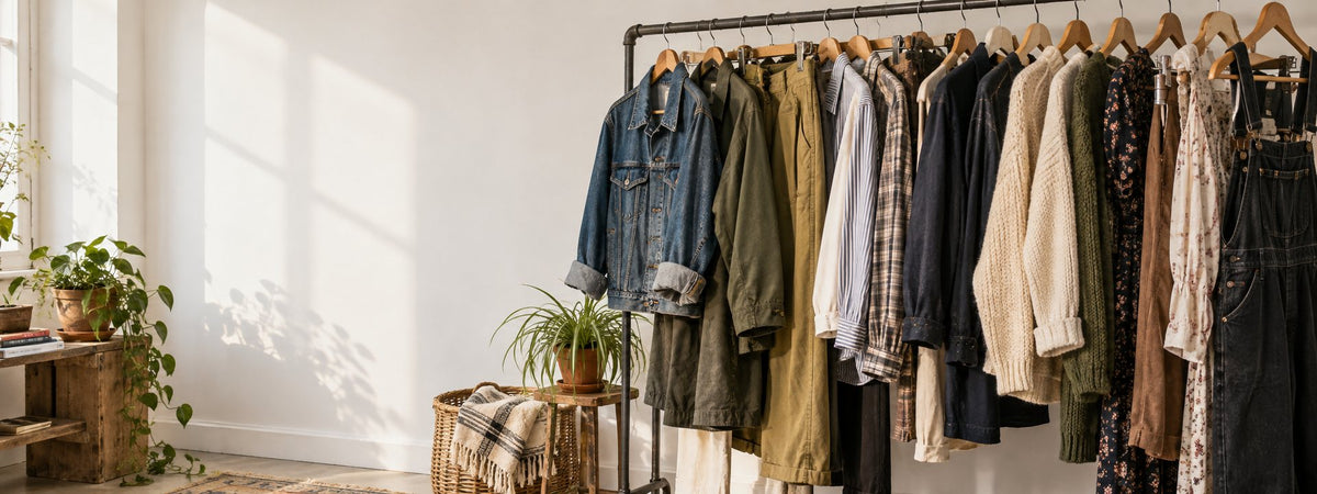 Curated pre-loved clothing on a rail at RewearableUK