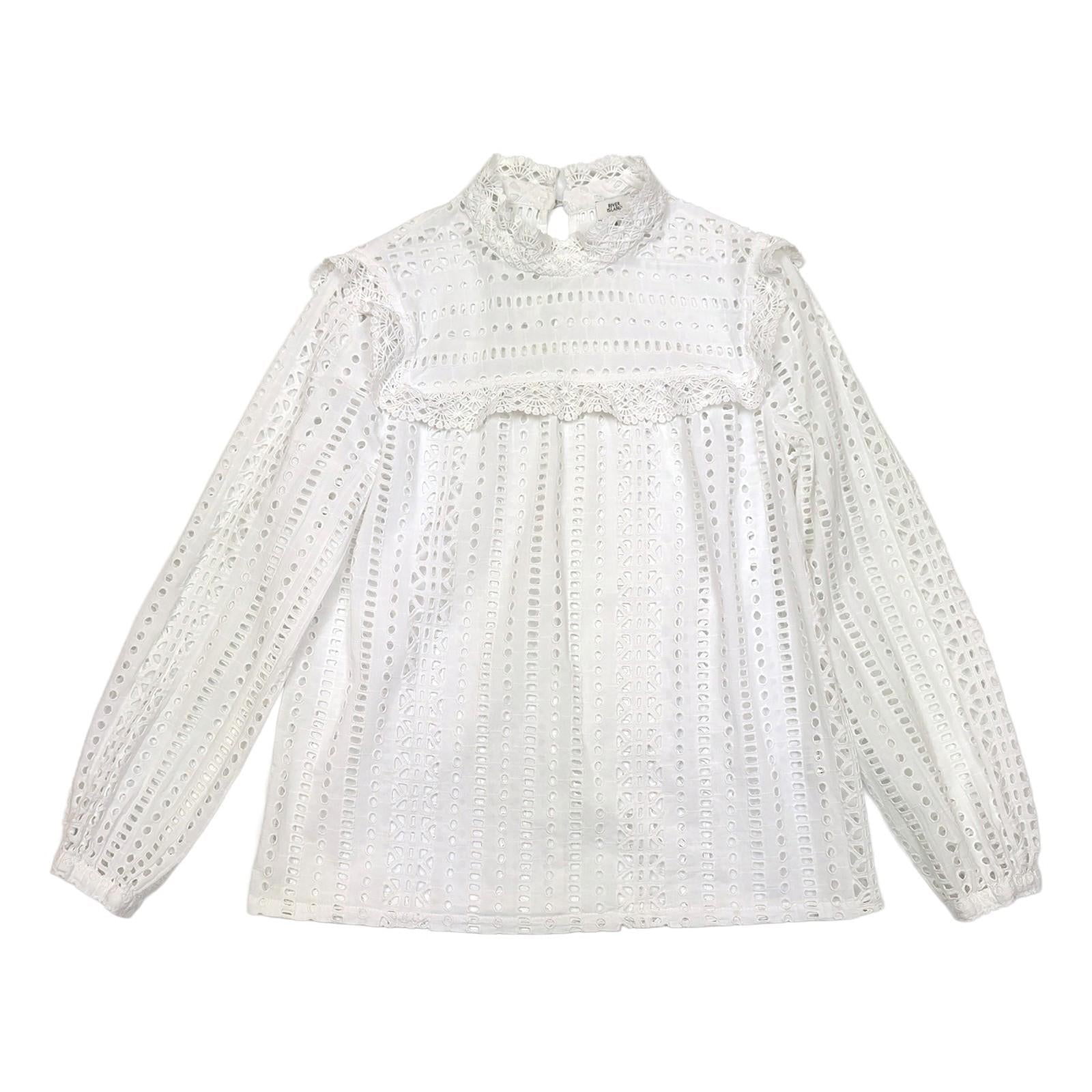 River Island White Broderie Anglaise Blouse UK 8 High Neck Victorian Puff Sleeve by River Island – | RewearableUK