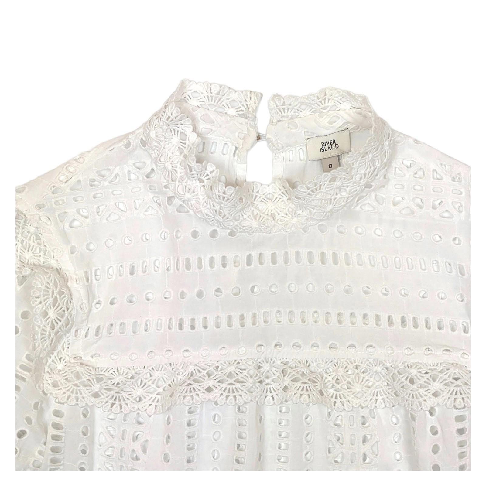 River Island White Broderie Anglaise Blouse UK 8 High Neck Victorian Puff Sleeve by River Island – | RewearableUK