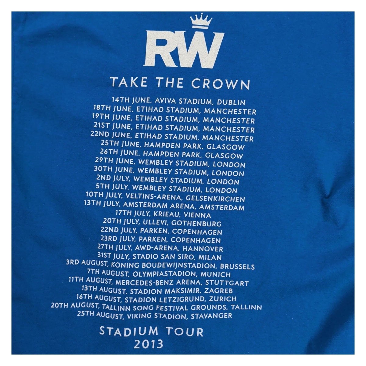 Robbie Williams Take The Crown 2013 Tour T-Shirt M Blue Gildan Double Sided – product photo 4 | RewearableUK