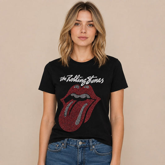 Rolling Stones Rhinestone Tongue T-Shirt M Black Rock Off – product photo 1 | RewearableUK