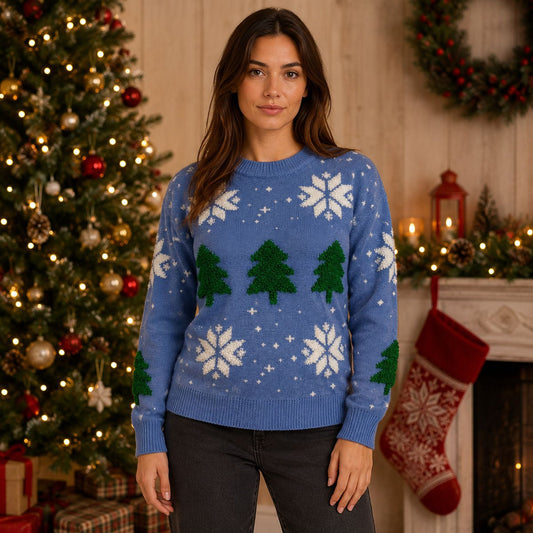 SHEIN Christmas Jumper L Blue Tufted Trees Snowflakes – Christmas Jumper product photo 1 | RewearableUK