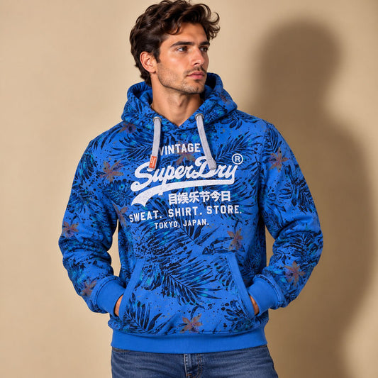 SuperDry Men's Hoodie Medium Blue Floral Print Cotton Blend – Sweater & Hoodie product photo 1 | RewearableUK