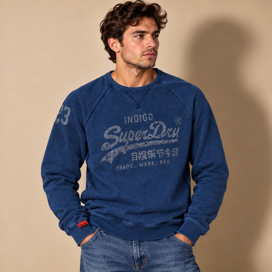 Superdry Mens Sweatshirt Large Indigo Graphic Print – Sweater & Hoodie product photo 1 | RewearableUK